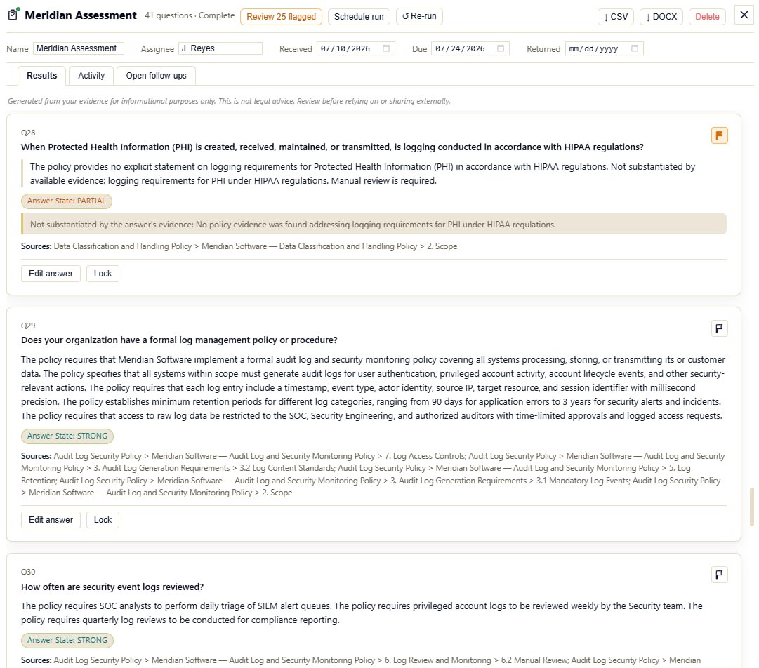 threep assessment showing a partial HIPAA logging answer with an explicit unsupported-scope warning followed by strong log-management answers
