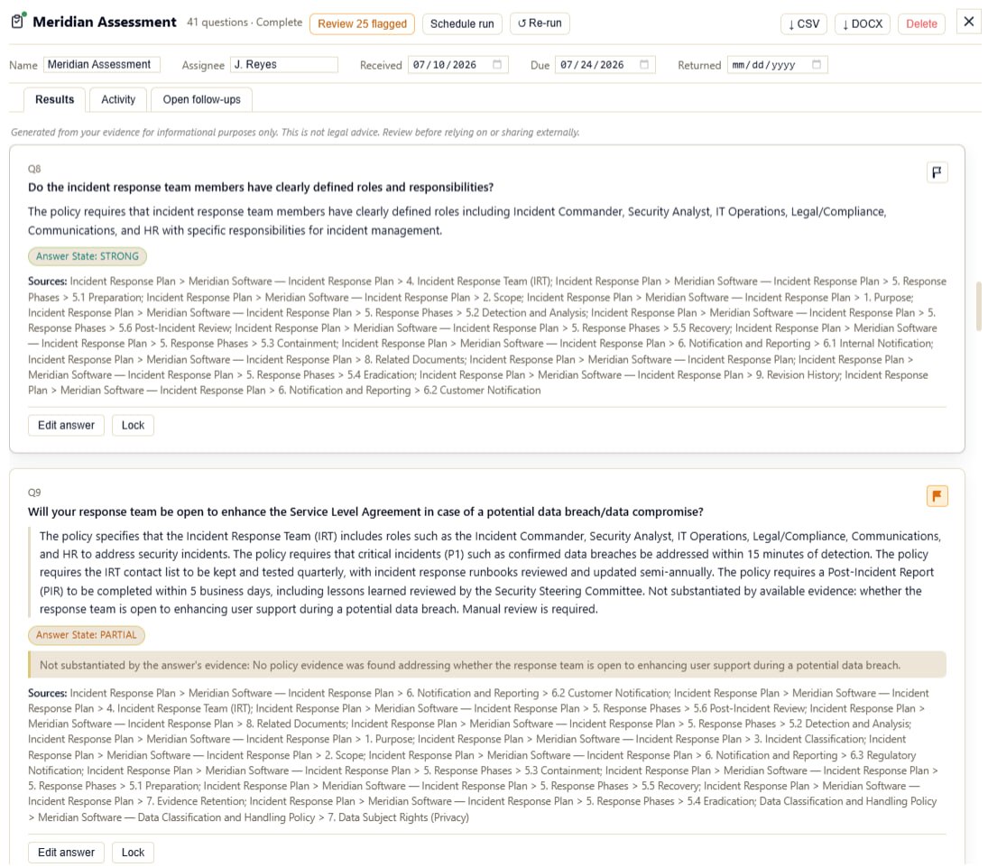 threep assessment workspace showing ownership, review queue, exports, and STRONG and PARTIAL answer states