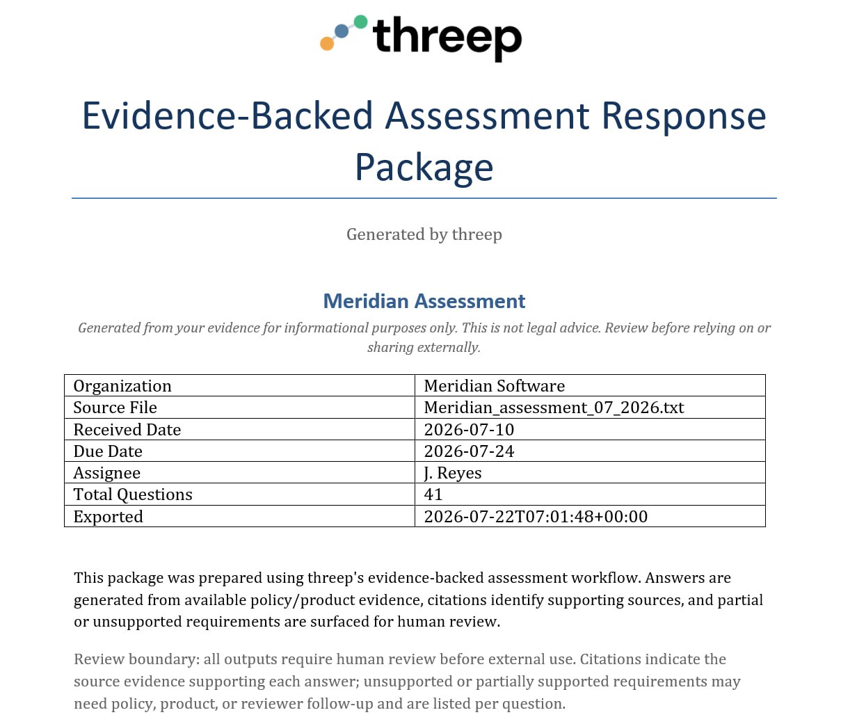 branded fictional Meridian Software assessment response package exported from threep