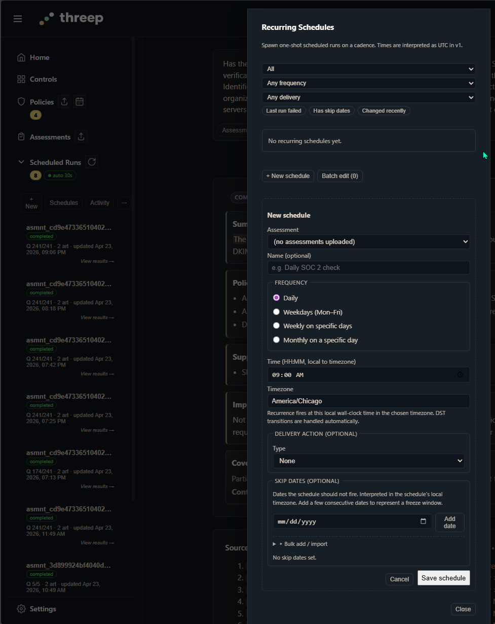 threep recurring schedule setup panel with daily, weekdays, weekly, and monthly cadence options, time-of-day picker, and destination channel configuration