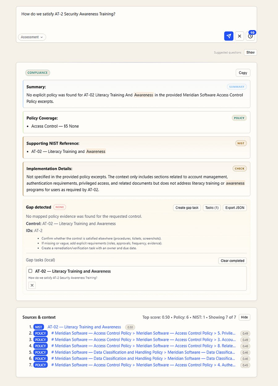 threep compliance answer showing AT-2 gap detection, evidence review, and created gap task