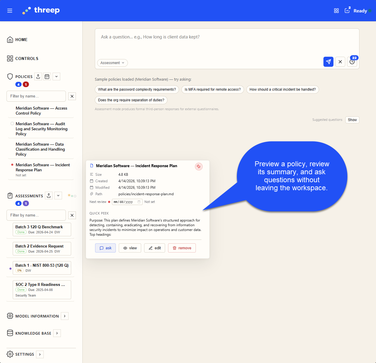 threep workspace showing policy management, assessment tracking, and policy detail view